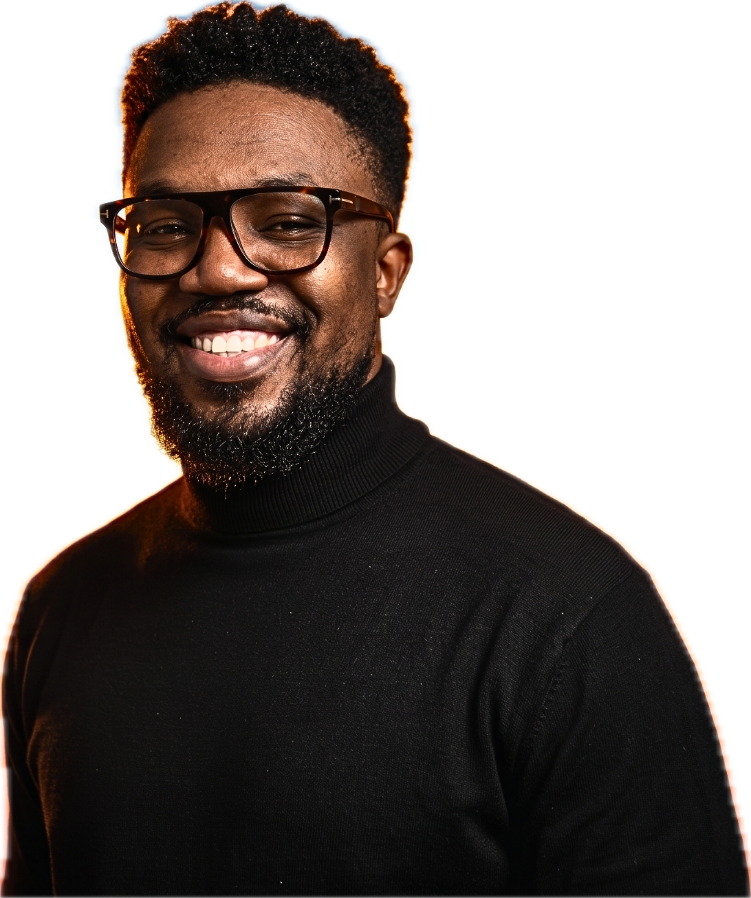 Sydney Scott Sam in a black turtleneck and glasses, smiling